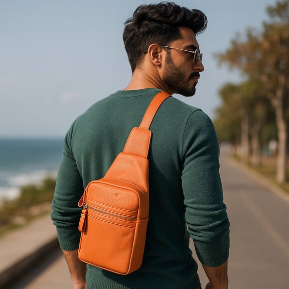 Leather Fanny Sling Bag for Women Men, Orange Waist Pack Crossbody Shoulder Bag - Picture 2 of 10